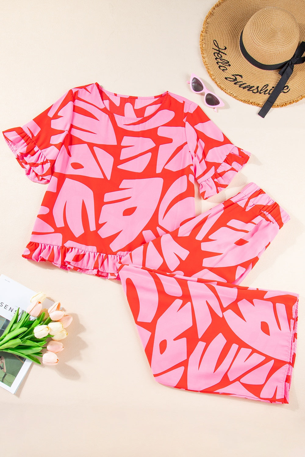 Printed Round Neck Top and Pants Set