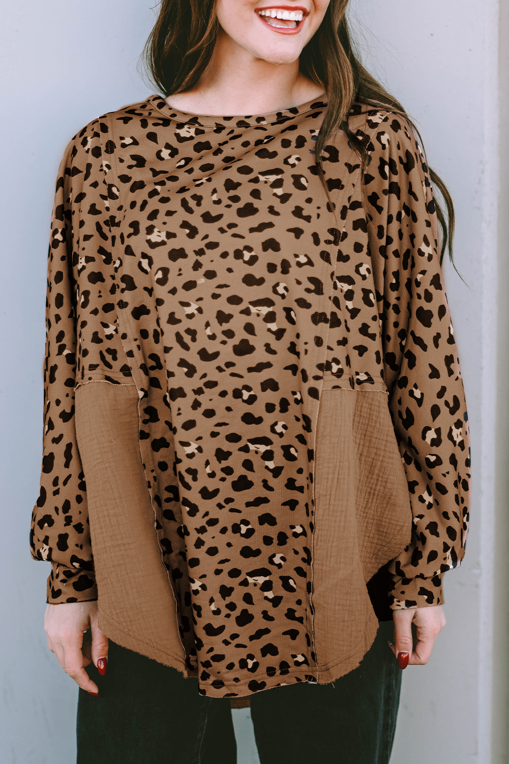 Pink Leopard Patchwork Raw Edge Oversized Top