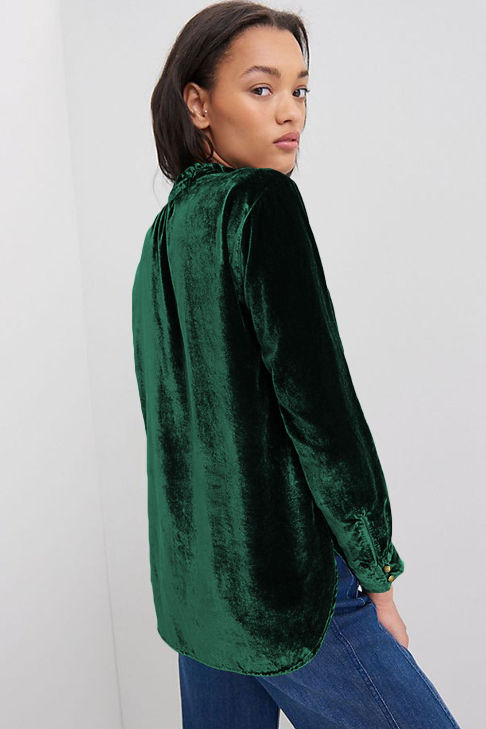 Black Frilled Neck Buttoned Front Velvet Top - Kustom Kreations Goods