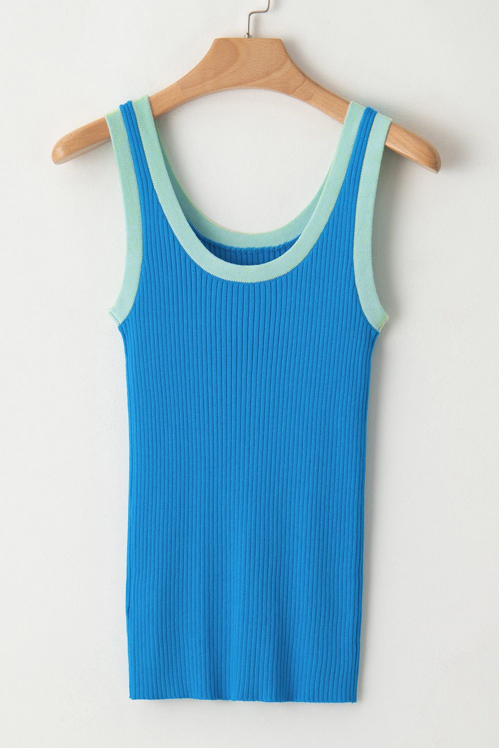 Blue Contrast Trim Ribbed Knit U Neck Tank Top