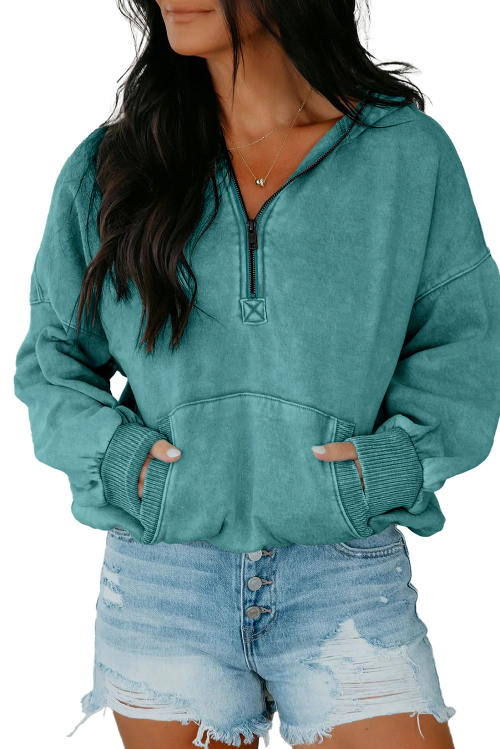 Wild Ginger  Half Zip Kangaroo Pocket Mineral Wash Baggy Hoodie