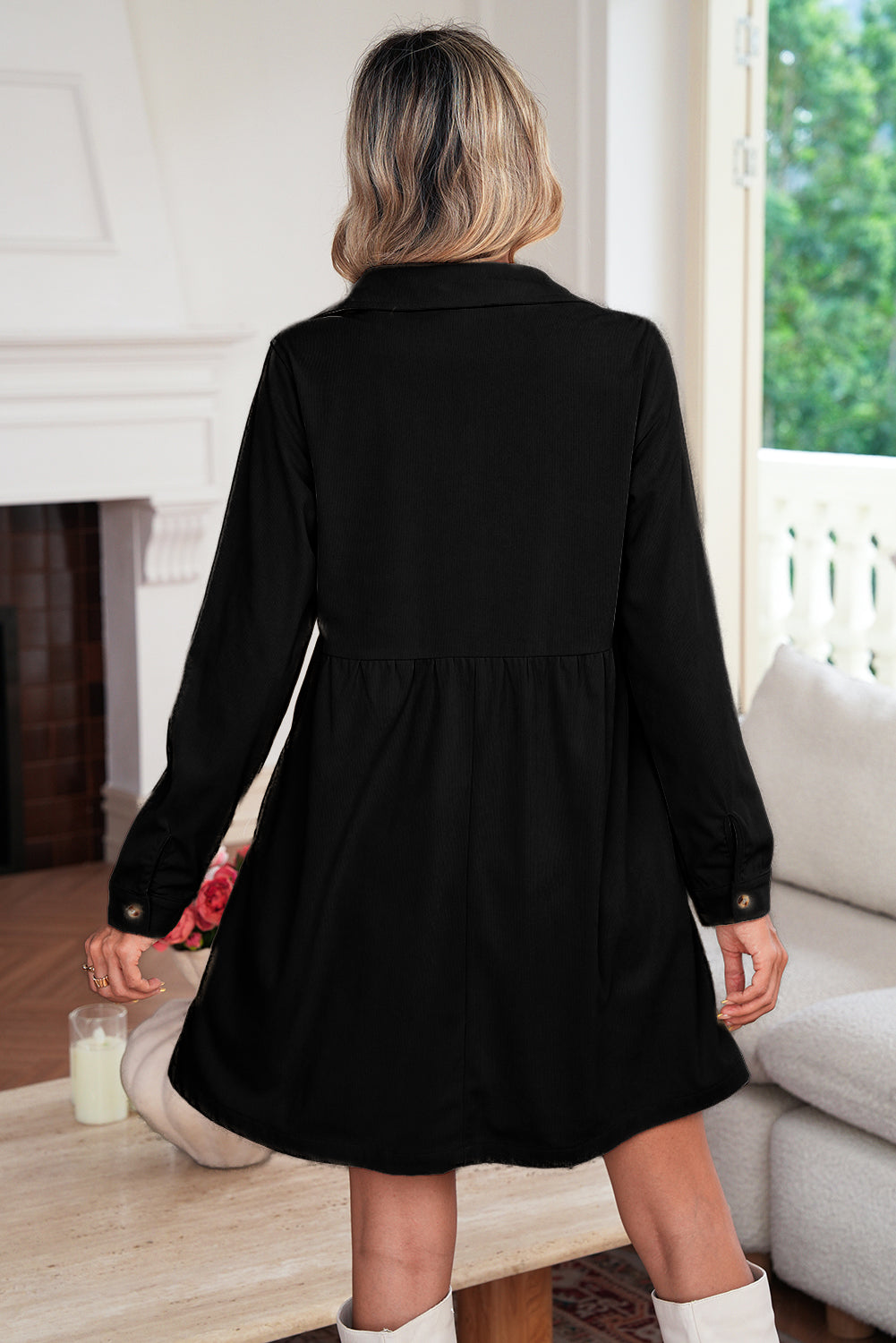 Vineyard Green Corduroy Half Button Collared Long Sleeve Mini Dress