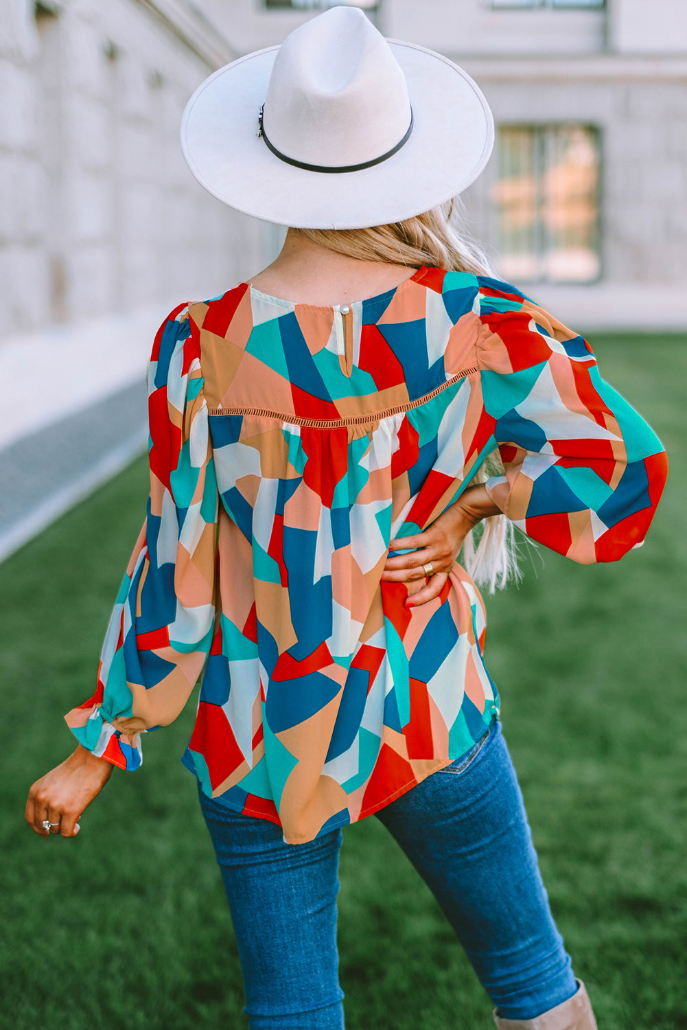 Multicolor Colorblock Casual Ruffle Puff Sleeve Blouse