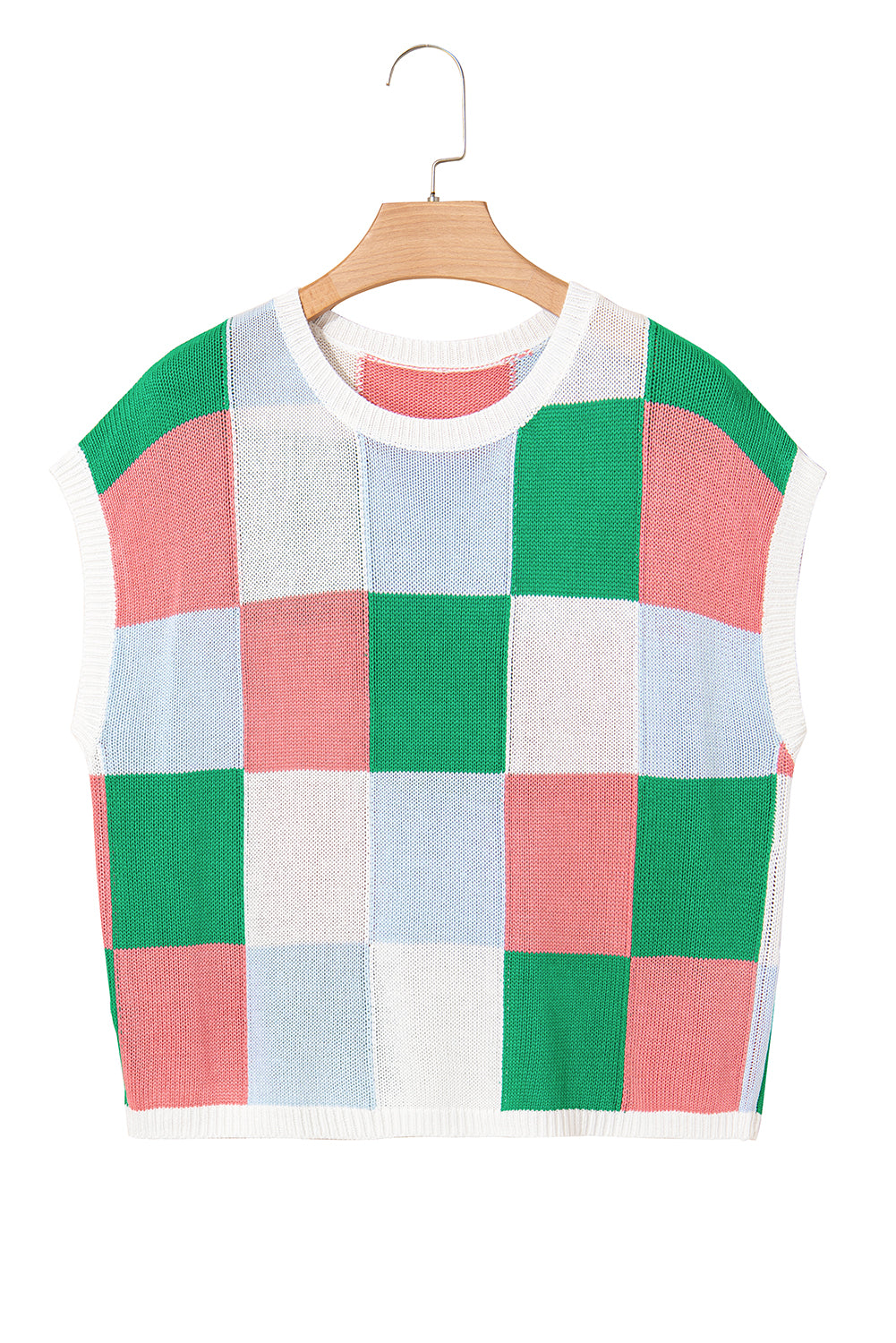 Dark Green Checkered Color Block Cap Sleeve Knitted Top