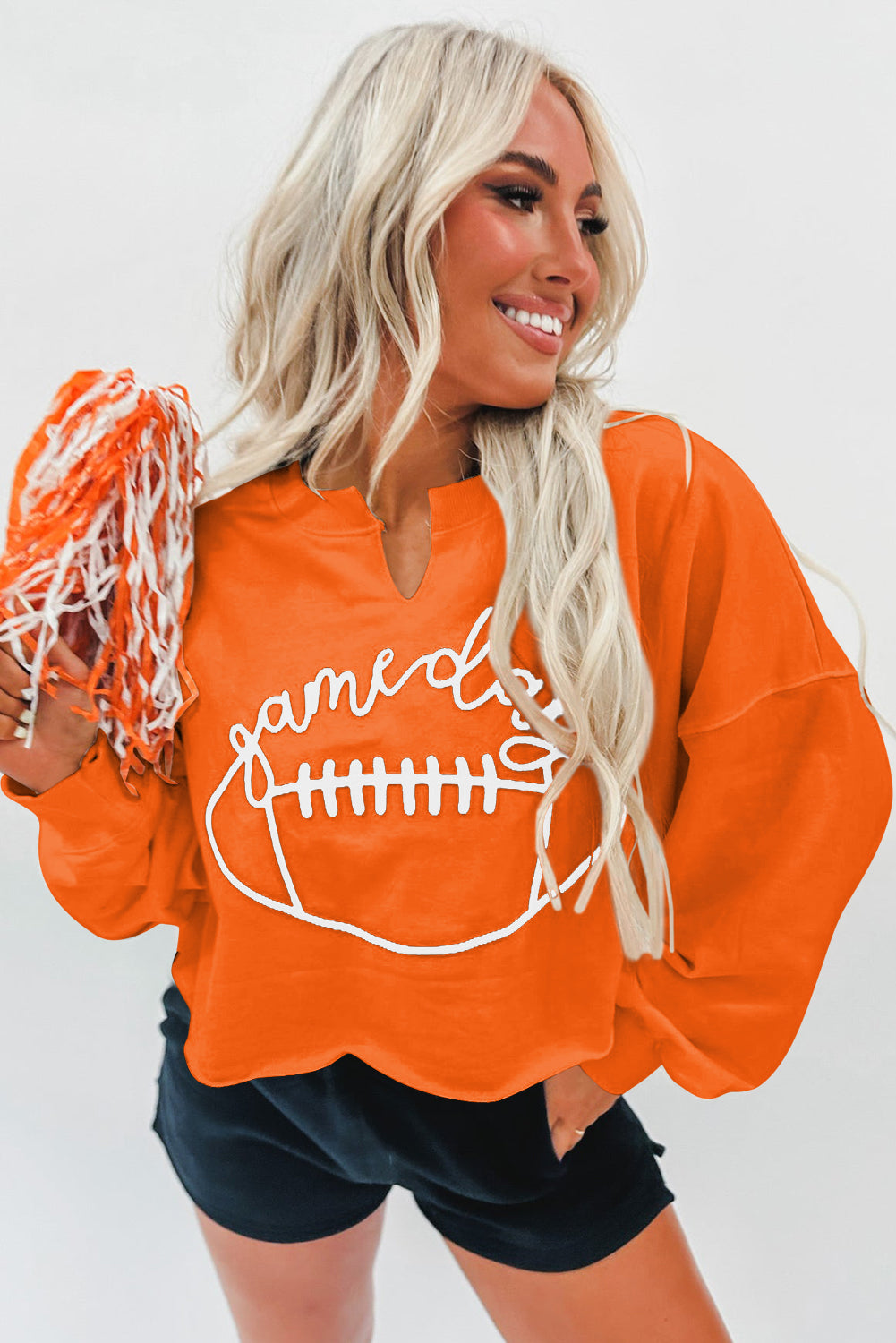 Bright White Game Day Lettering Rugby Notched Neck Cropped Sweatshirt