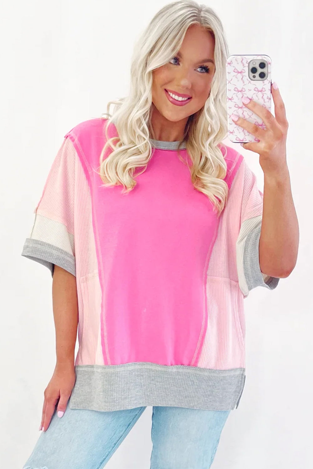 Sachet Pink Patchwork Half Sleeve Round Neck Blouse