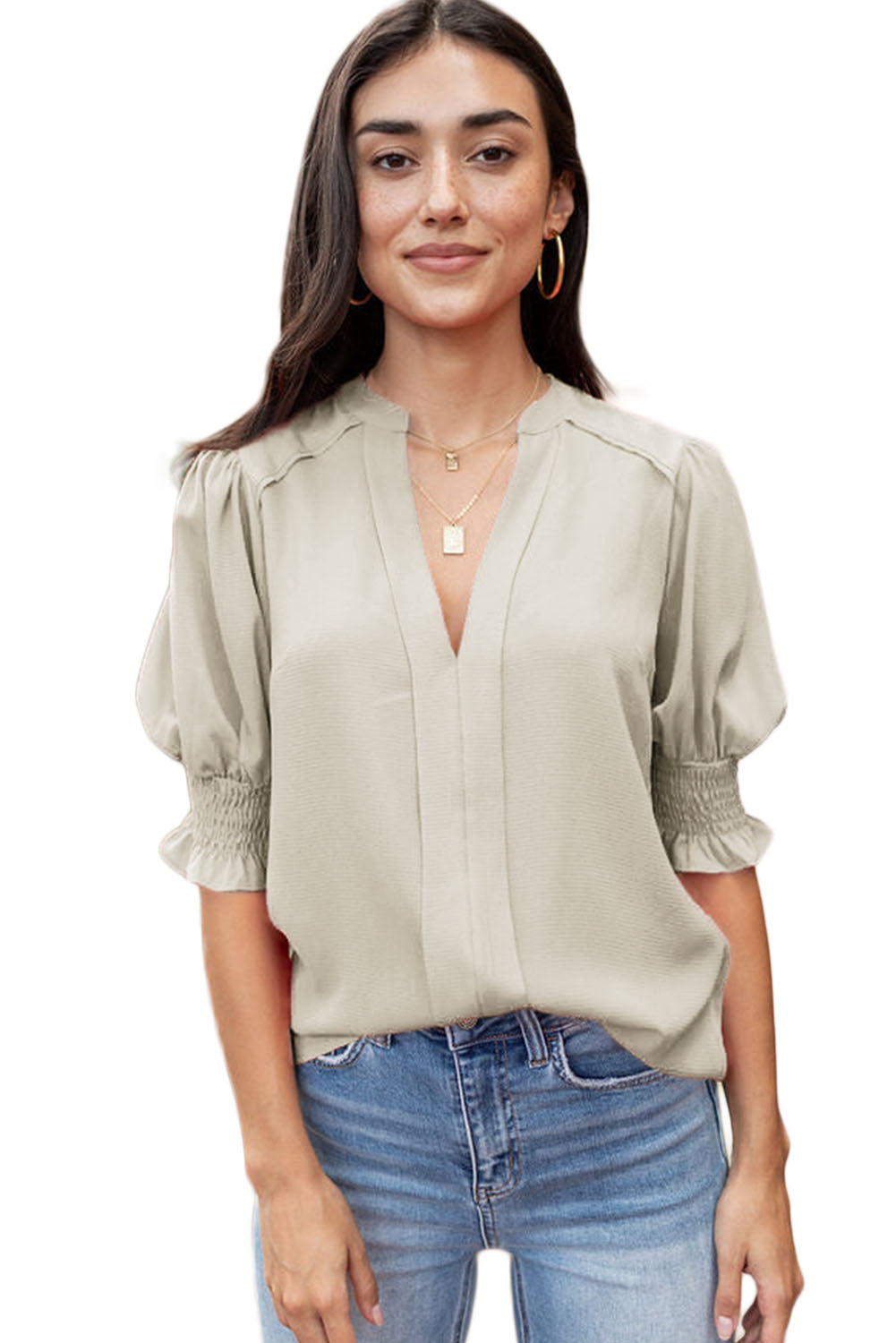 Apricot Solid Puffed Sleeve Shirred V Neck Blouse