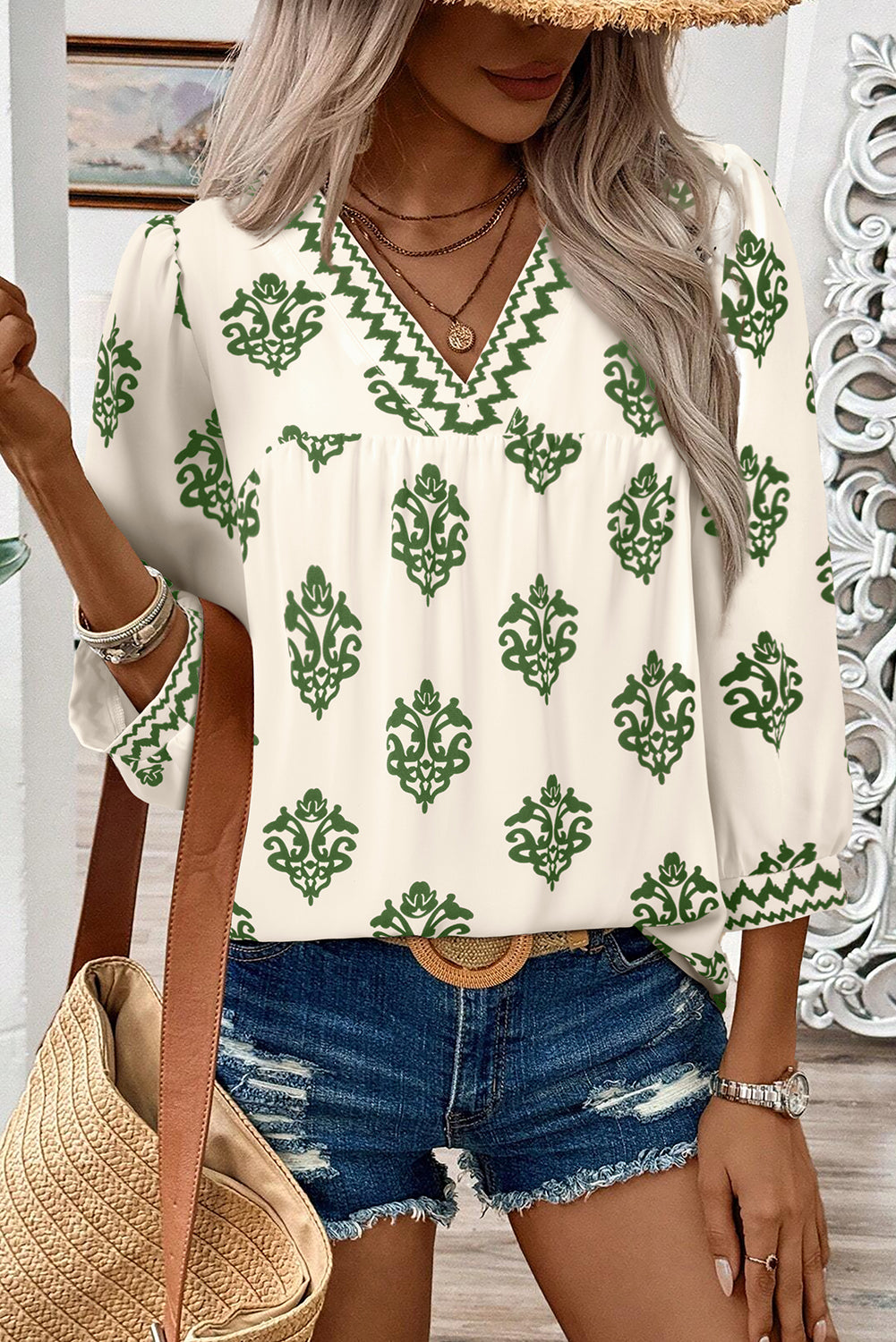 Green Damask Floral Print Contrast V Neck 3/4 Sleeve Blouse - Kustom Kreations Goods