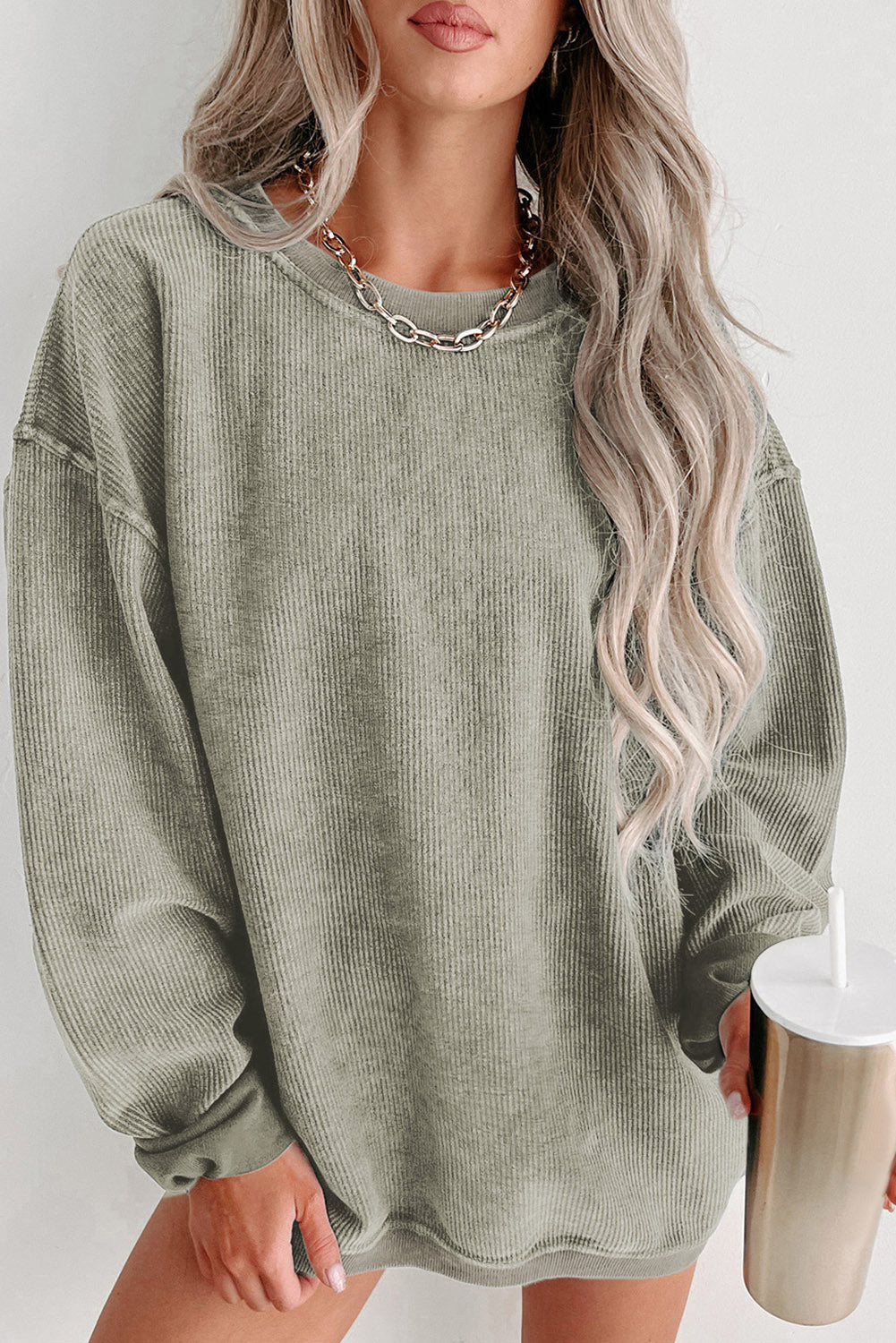 Pink Solid Ribbed Round Neck Pullover Sweatshirt - Kustom Kreations Goods