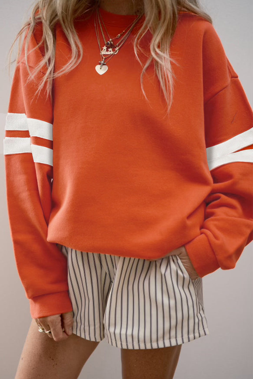 Fiery Red Preppy Striped Sleeve Loose Sweatshirt - Kustom Kreations Goods