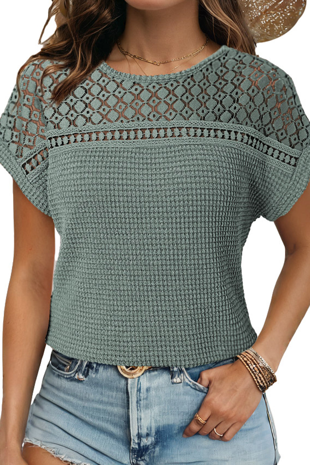 Mist Green Hollow Patchwork Waffle Knit Top - Kustom Kreations Goods