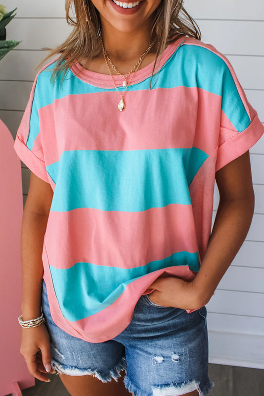 Rose Stripe Casual Short Sleeve Round Neck Blouse