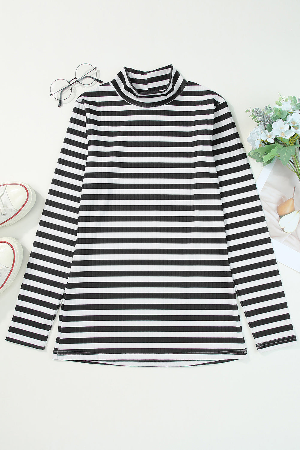 Stripes Print Ribbed Knit Long Sleeve Casual Mock Neck Top