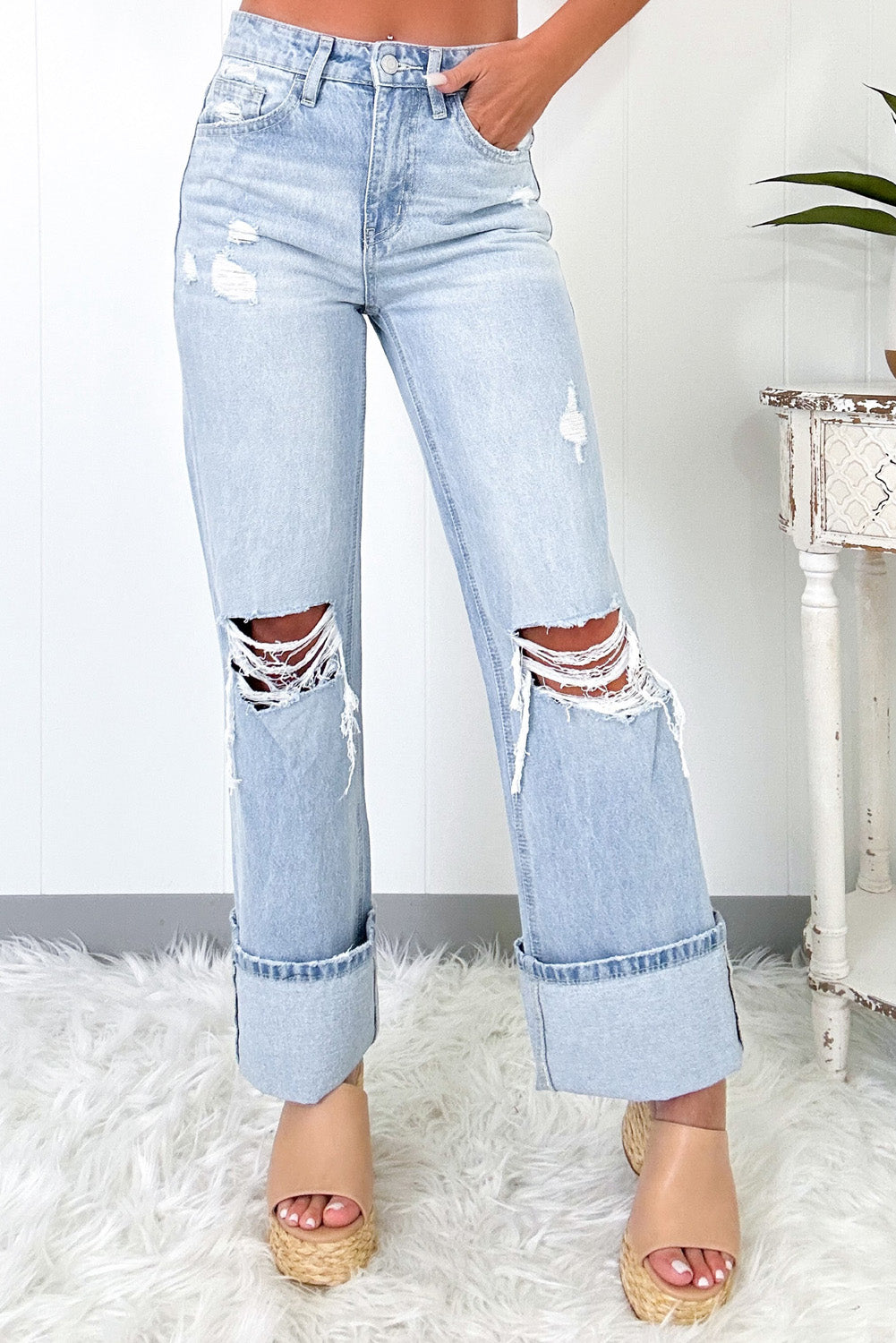 Beau Blue Light Wash Distressed Flare Jeans - Kustom Kreations Goods