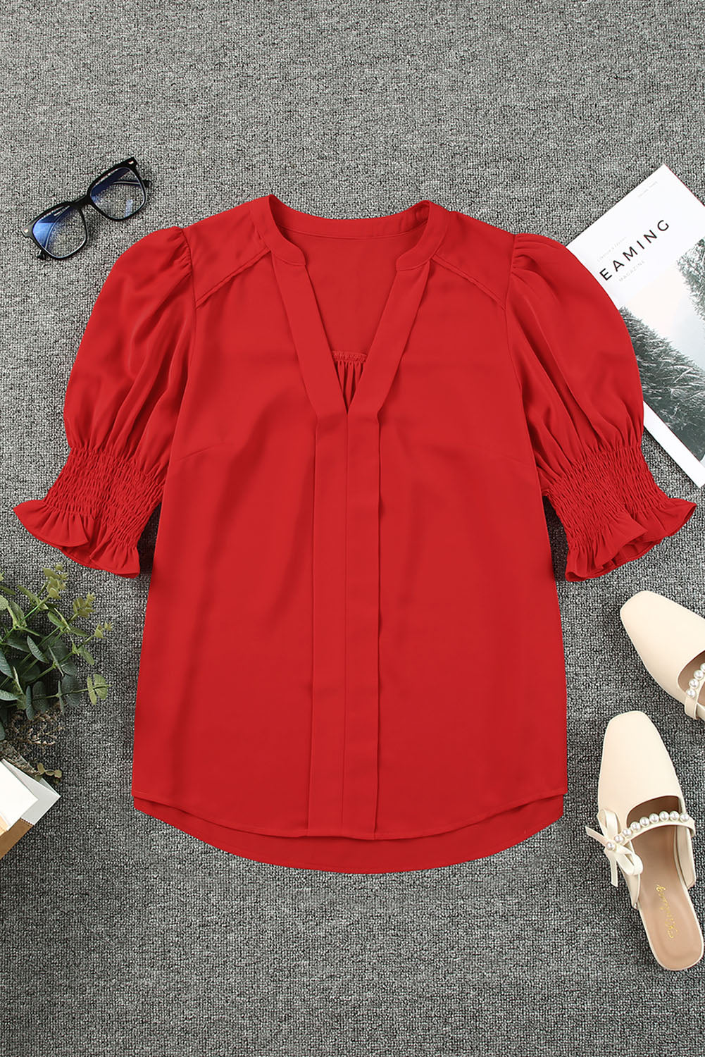Apricot Solid Puffed Sleeve Shirred V Neck Blouse