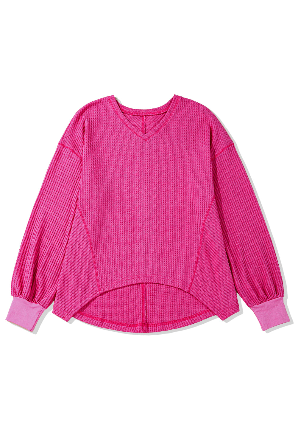 Bright Pink Waffle V Neck Drop Shoulder Long Sleeve Loose Top