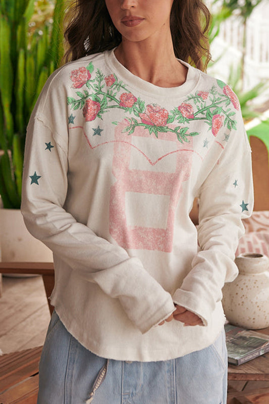 White Elegant Flower Long Sleeve Round Neck Blouse