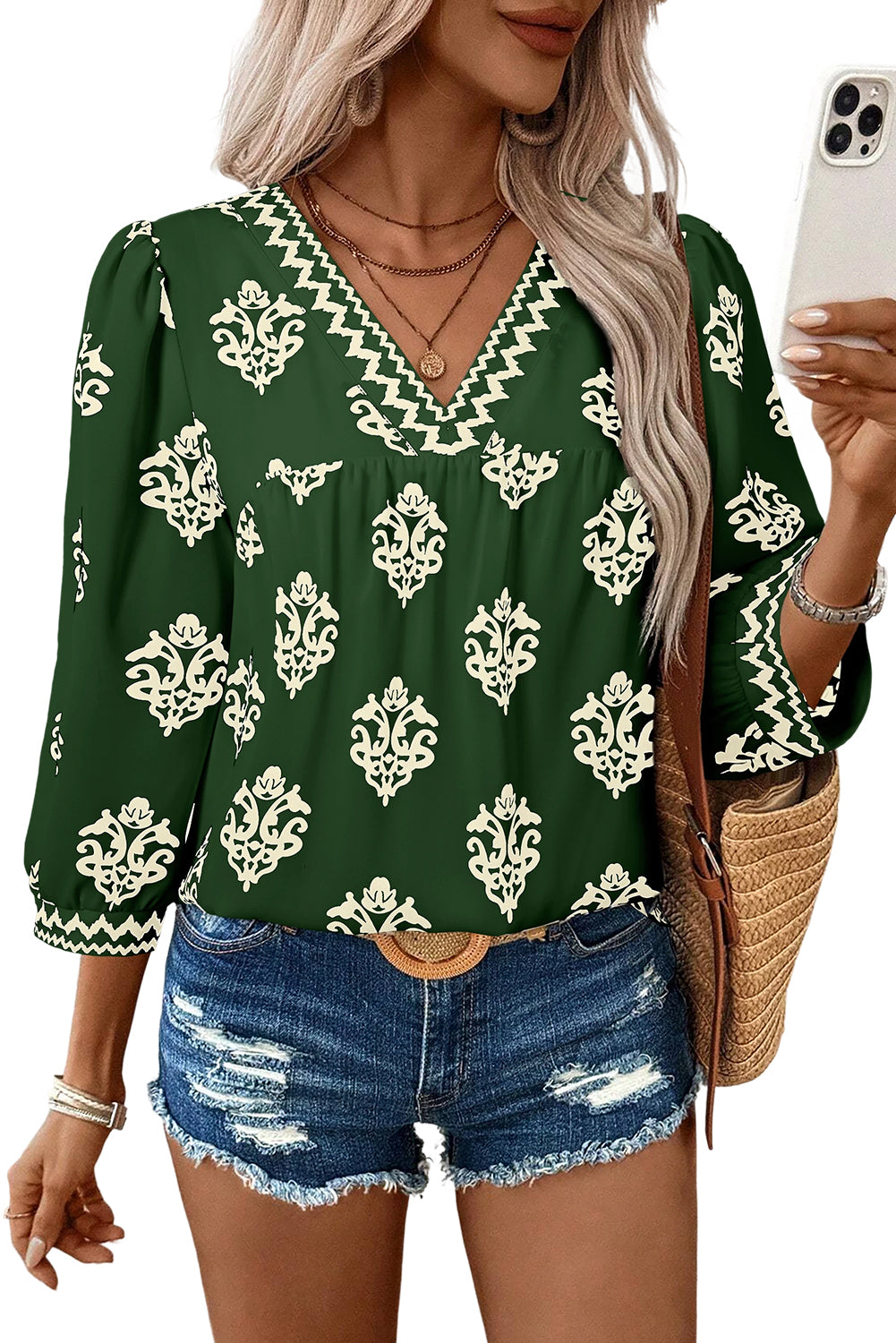 Green Damask Floral Print Contrast V Neck 3/4 Sleeve Blouse - Kustom Kreations Goods