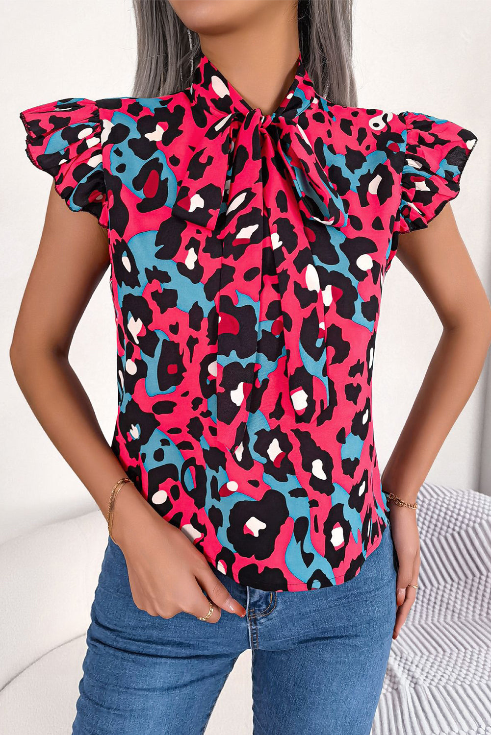 Rose Leopard Print Lace Up Neck Flutter Sleeve Blouse