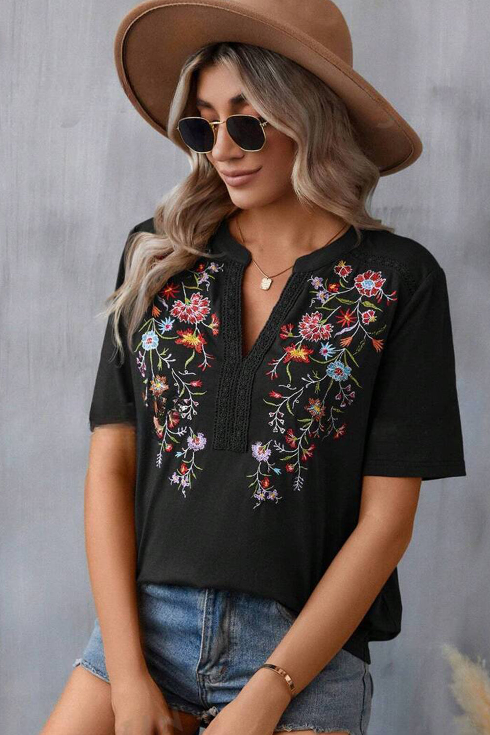 Black Embroidered Floral Boho V Neck Blouse