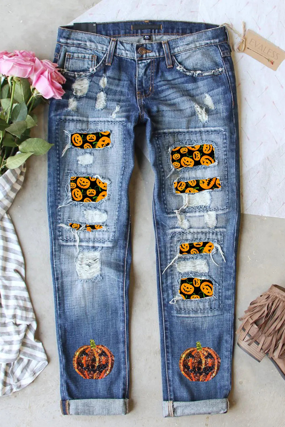 Pumpkin Distressed Straight Jeans