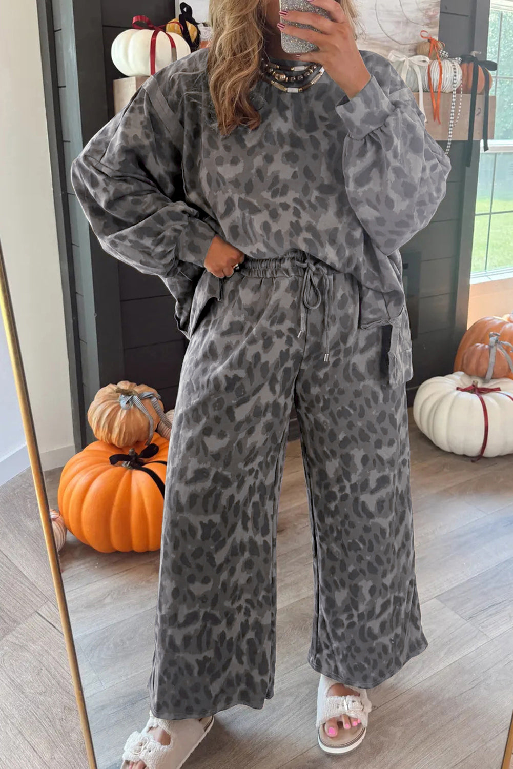 Brown Allover Leopard Print Pullover Drawstring Loose Pants Set - Kustom Kreations Goods