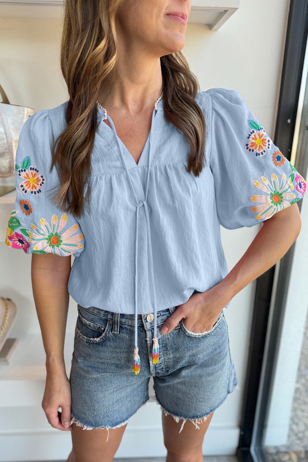 Beau Blue Floral Embroidered Puff Sleeve Split Neck Blouse - Kustom Kreations Goods