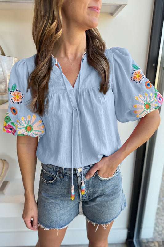 Beau Blue Floral Embroidered Puff Sleeve Split Neck Blouse - Kustom Kreations Goods