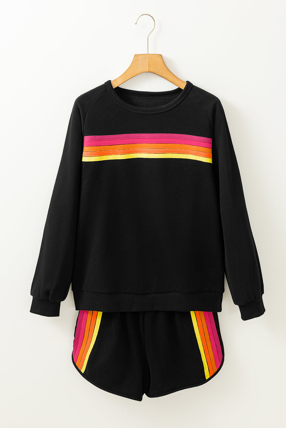 Black Colorful Striped Long Sleeve Pullover and Shorts Set - Kustom Kreations Goods