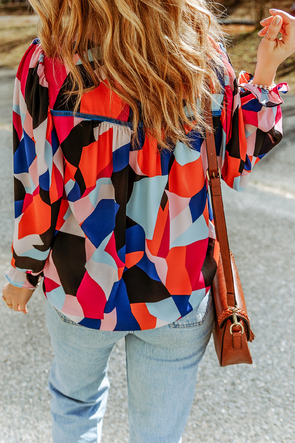 Multicolor Colorblock Casual Ruffle Puff Sleeve Blouse