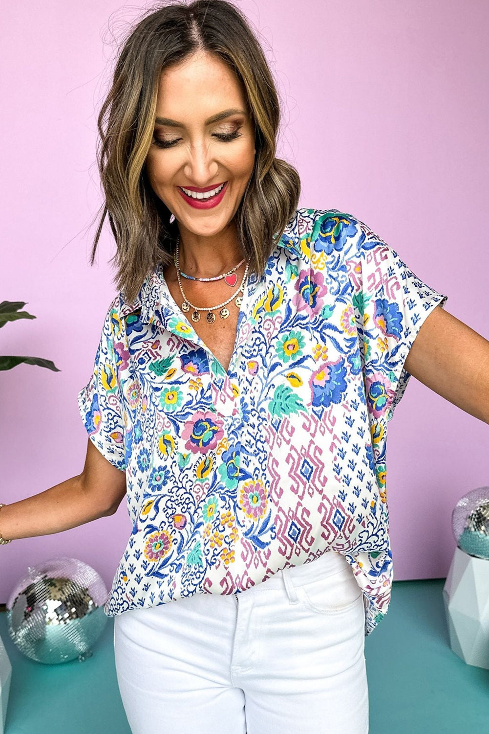 Light Blue Mixed Floral Print Collared Dolman Blouse