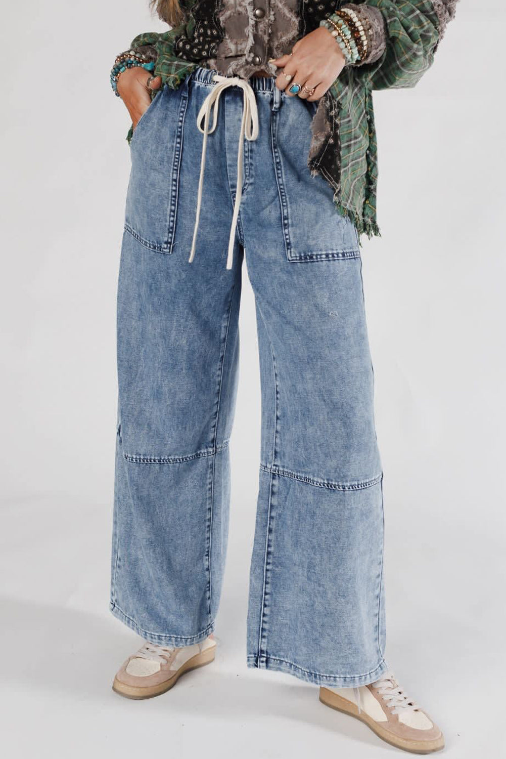 Ashleigh Blue Acid Wash Exposed Seam Drawstring High Waist Jeans - Kustom Kreations Goods