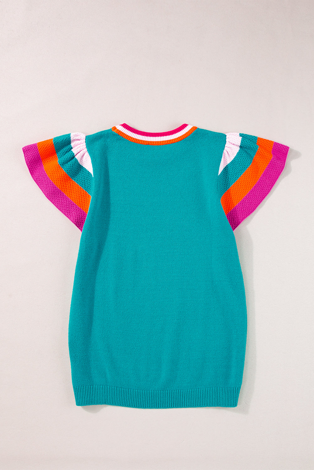 Turquoise Contrast Sleeve Striped Round Neck Knitted Tee