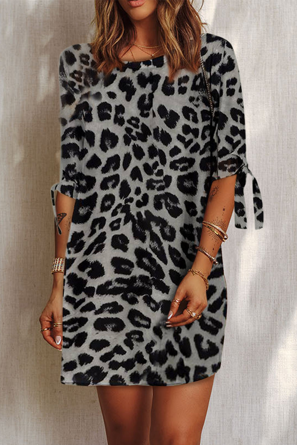 Black Casual Knot Half Sleeve Leopard Print Dress