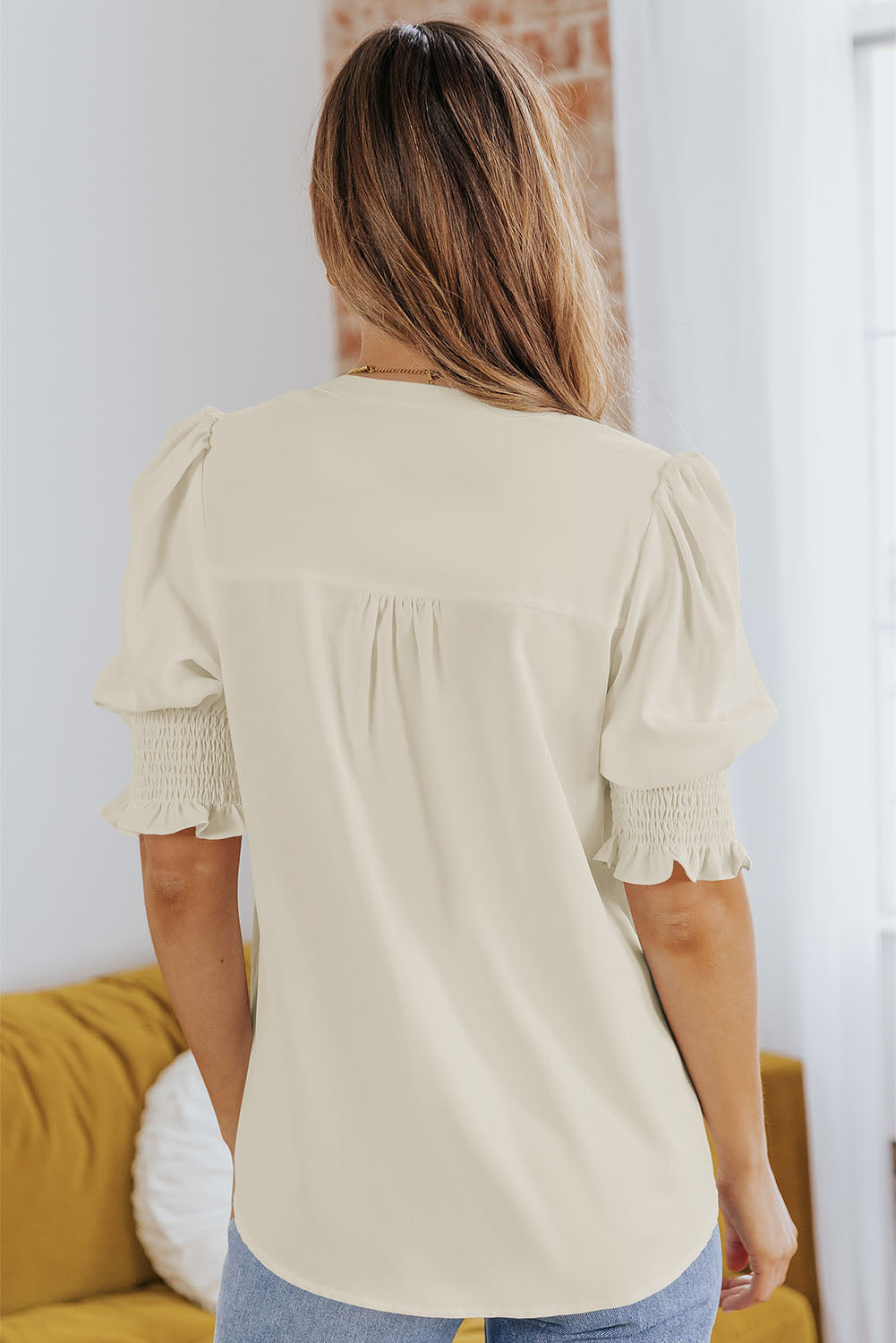 Apricot Solid Puffed Sleeve Shirred V Neck Blouse