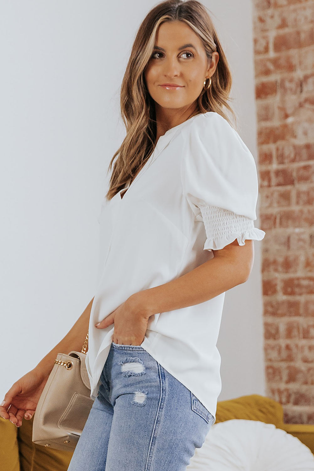 Apricot Solid Puffed Sleeve Shirred V Neck Blouse