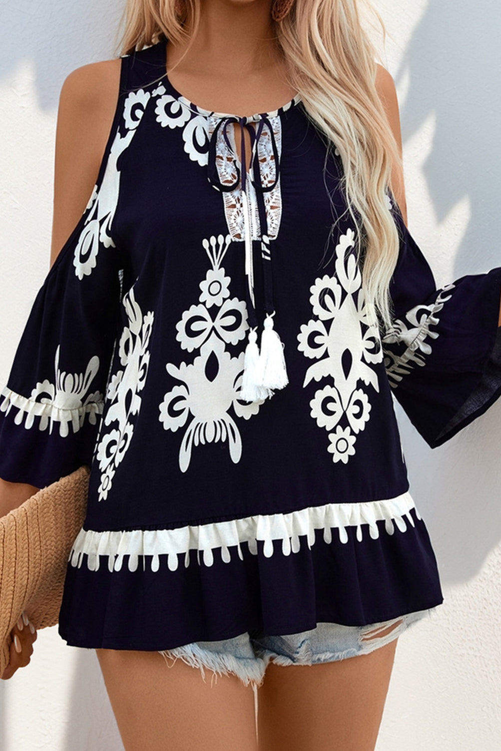 Blue Random Abstract Print Cold Shoulder Tassel Tie Front Boho Blouse