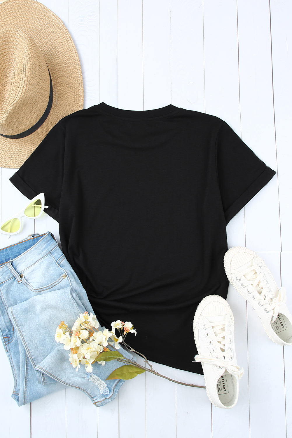 Green Plain Solid Color Crew Neck Tee