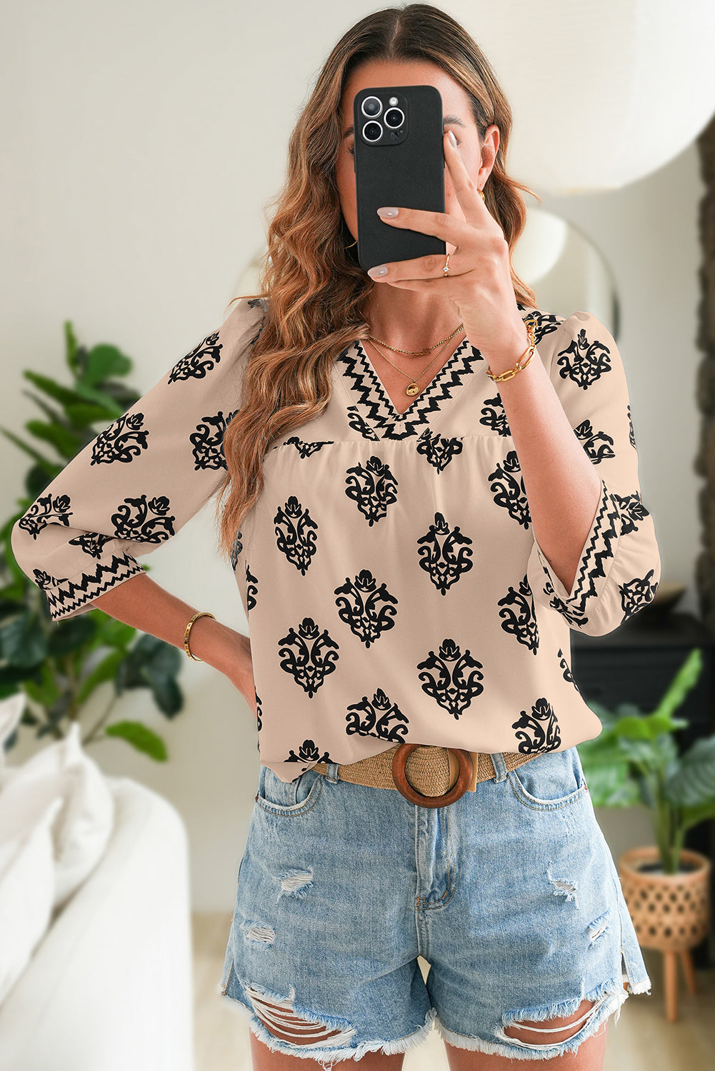 Green Damask Floral Print Contrast V Neck 3/4 Sleeve Blouse - Kustom Kreations Goods