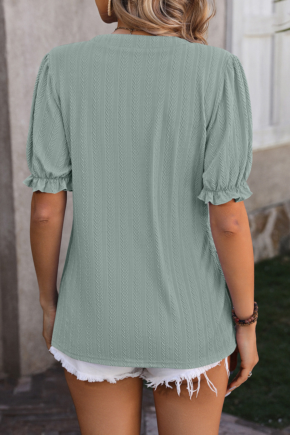Mist Green Textured Notched Neck Frill Puff Sleeve Blouse