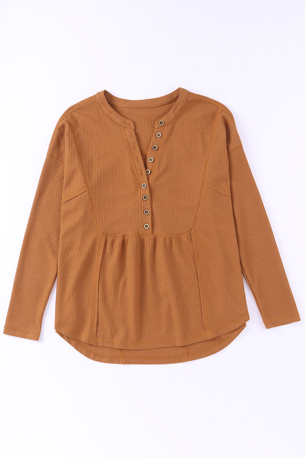 Brown Waffle Knit Casual Button Henley Top