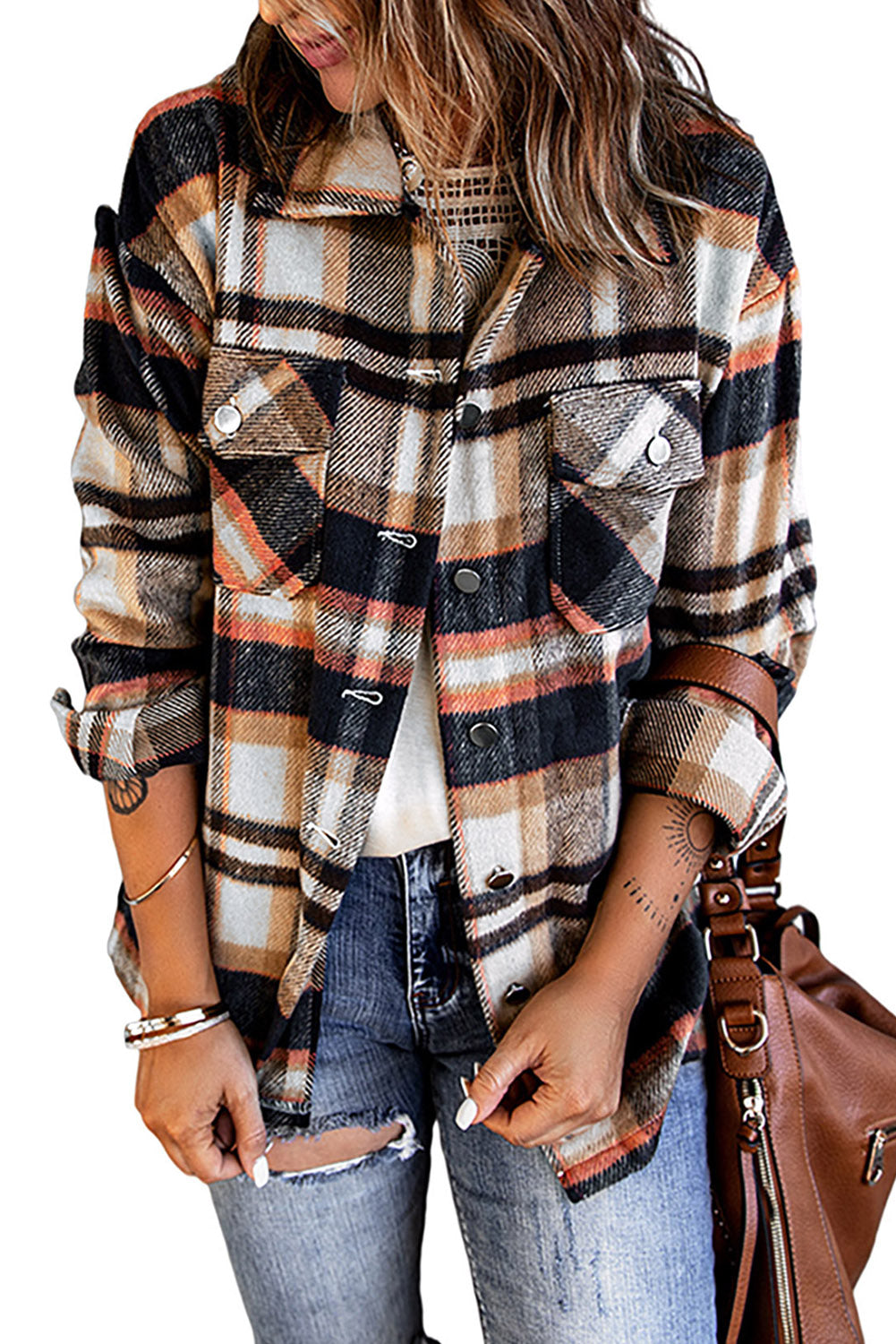 Multicolor Plaid Casual Button Up Flannel Jacket