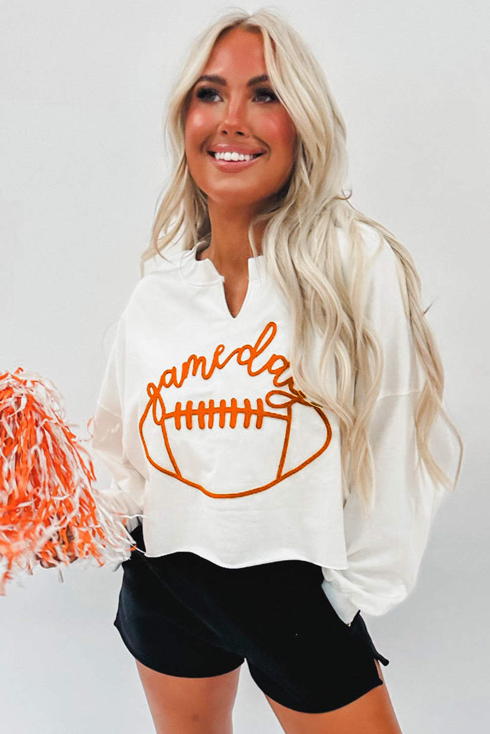 Bright White Game Day Lettering Rugby Notched Neck Cropped Sweatshirt