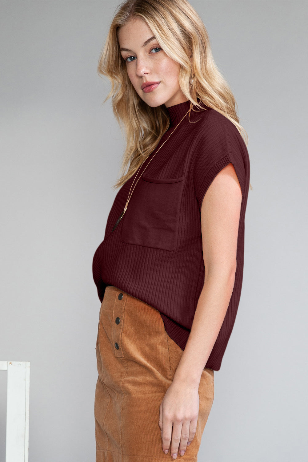 Green Patch Pocket Ribbed Knit Short Sleeve Sweater - Kustom Kreations Goods