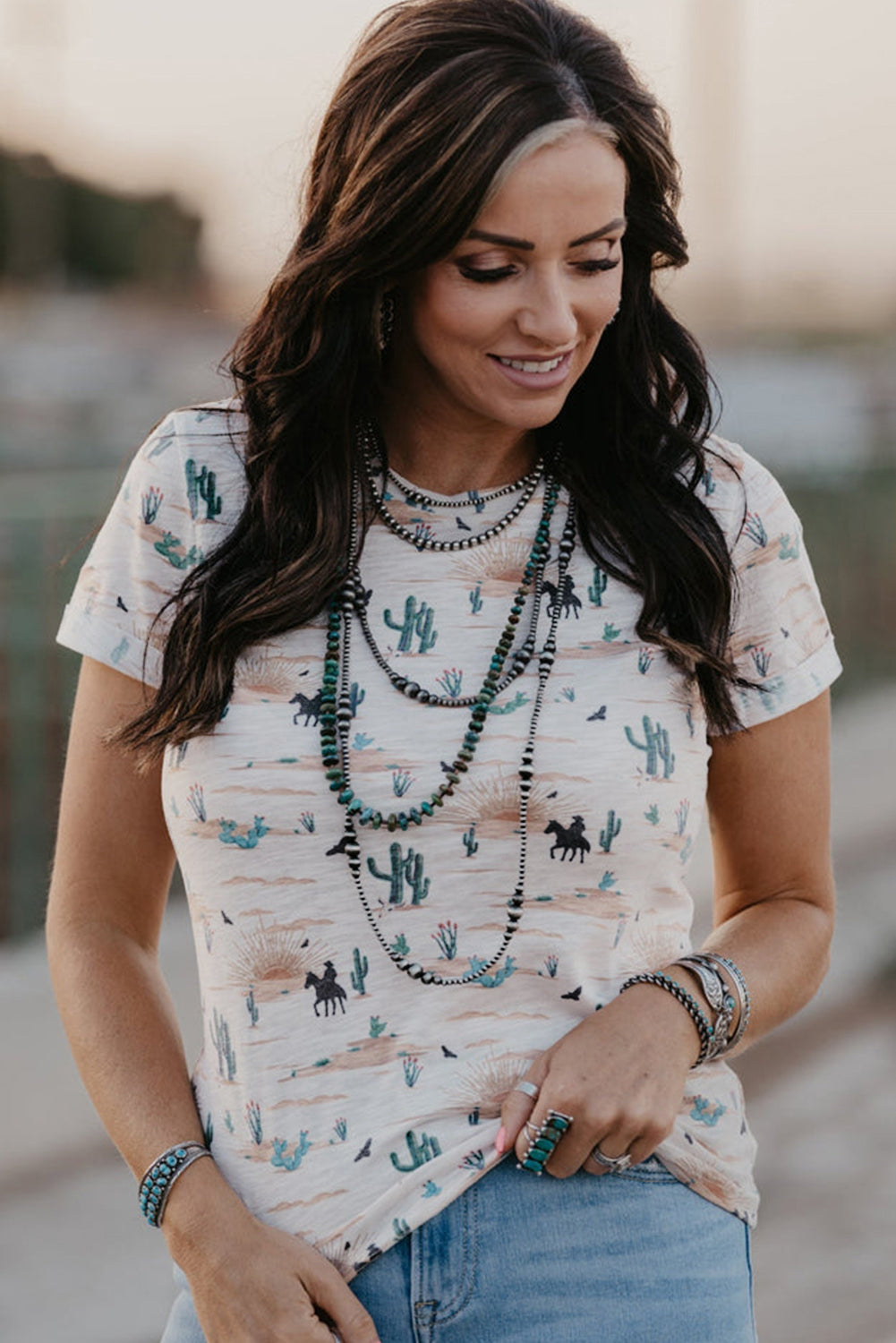 Beige Cactus Print Crew Neck Short Sleeve Top - Kustom Kreations Goods