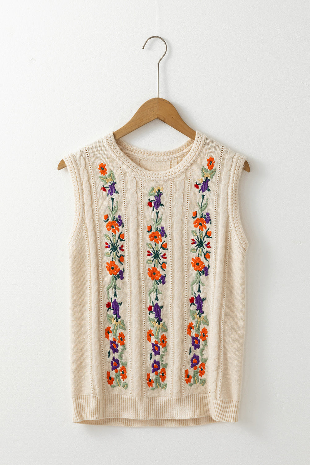 Jet Stream Embroidered Floral Cable Knit Vest Top