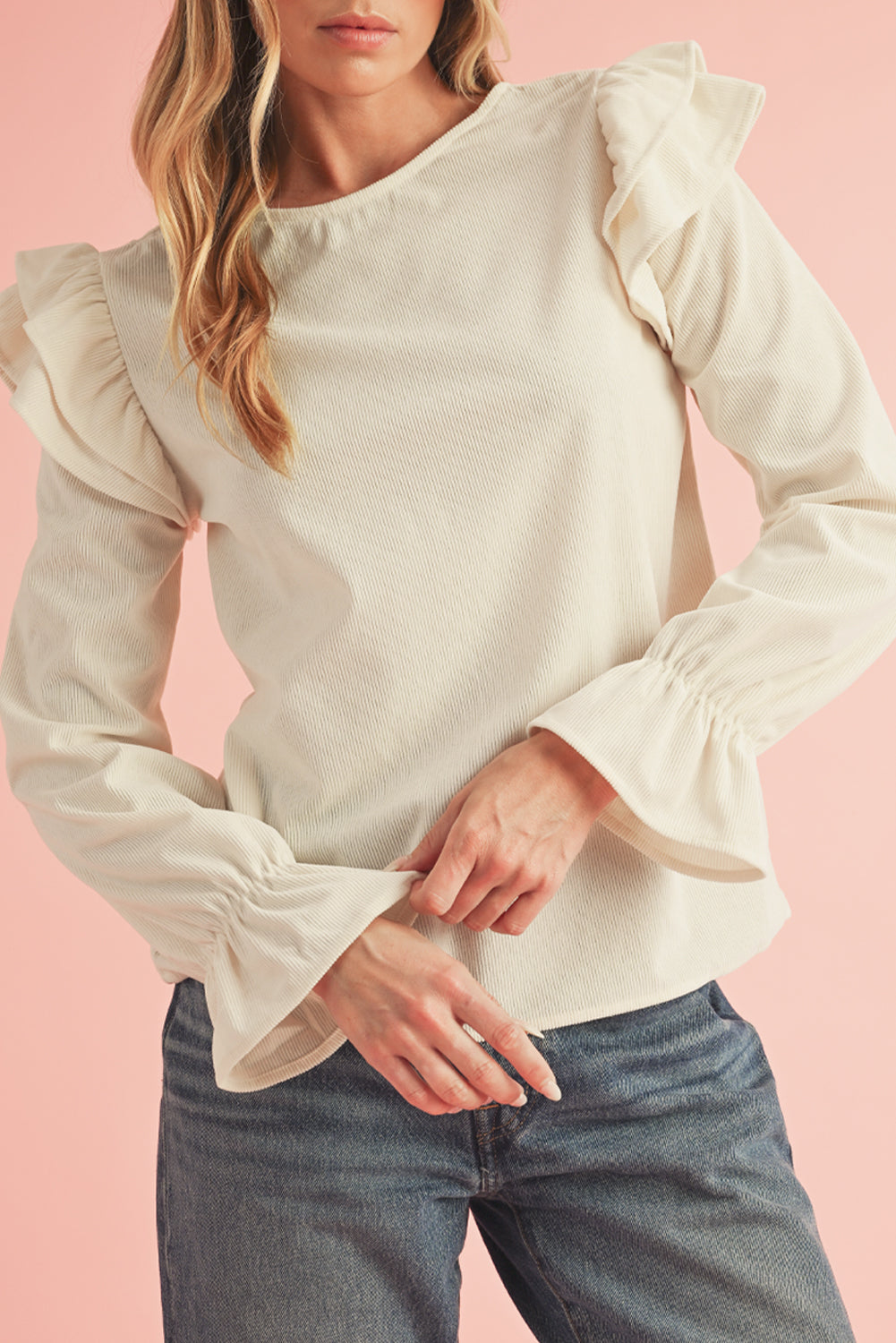 Beige Corduroy Round Neck Ruffled Flounce Sleeve Blouse - Kustom Kreations Goods