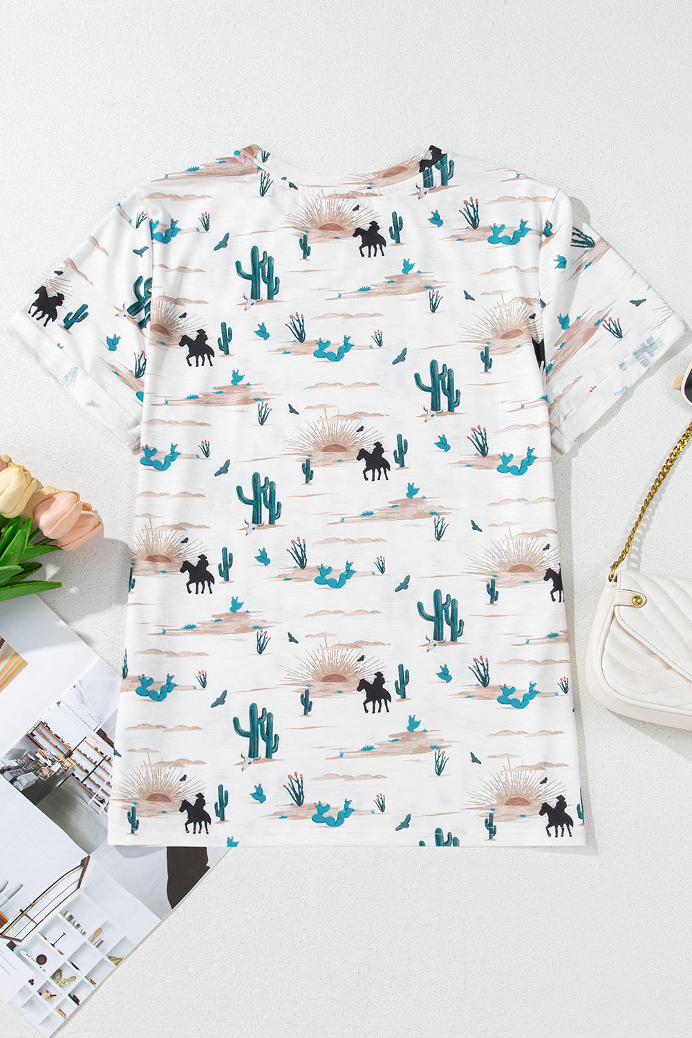 Beige Cactus Print Crew Neck Short Sleeve Top - Kustom Kreations Goods