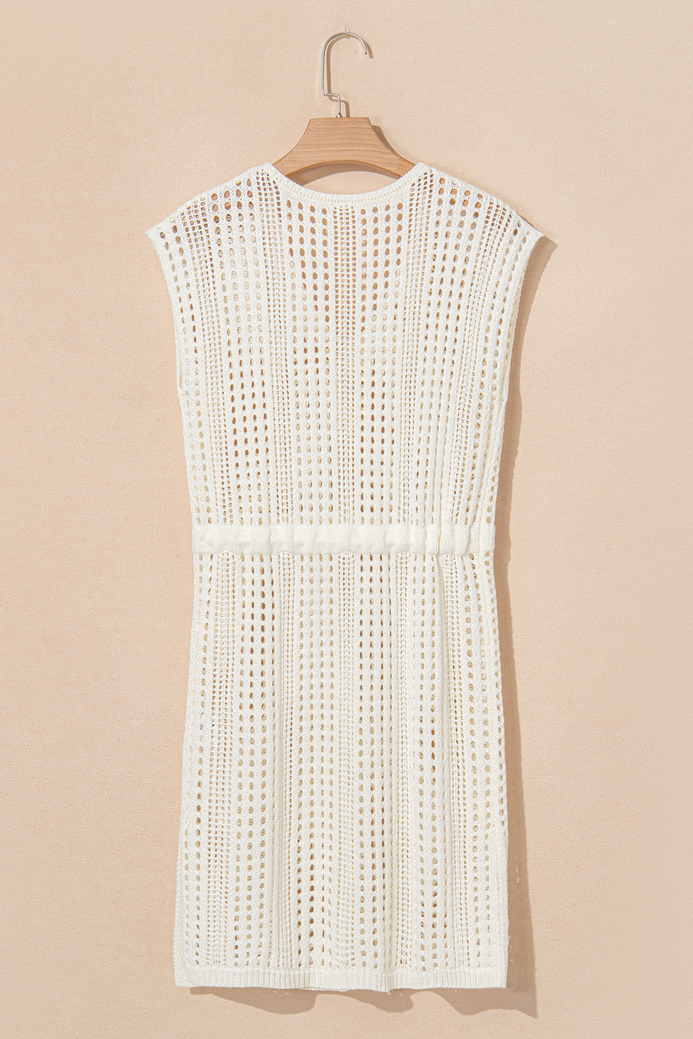 Beige Open Knit Drawstring Waist Beach Dress - Kustom Kreations Goods