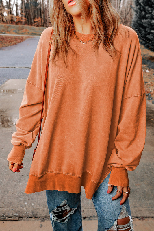 Khaki Plain Drop Shoulder Ribbed Trim Oversized Sweatshirt